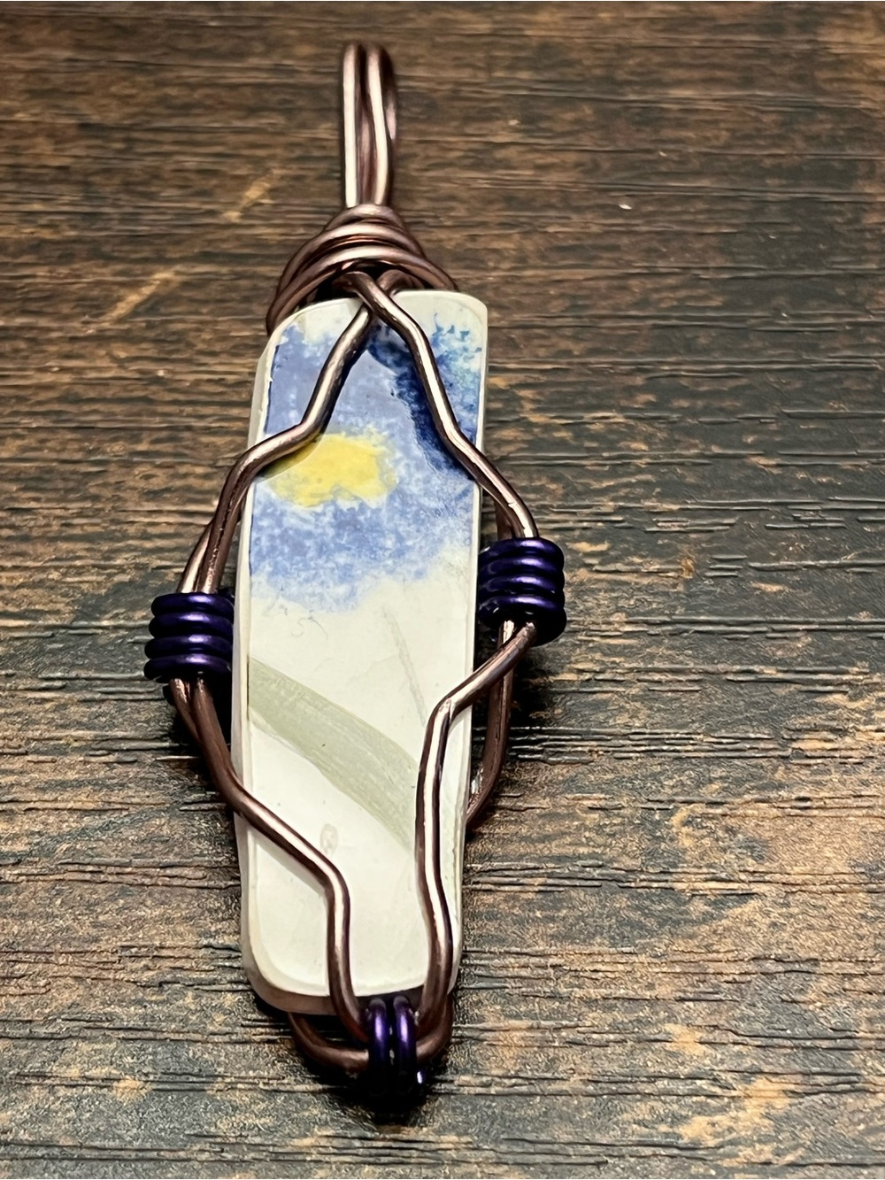 Wire Wrapped Hand Painted Porcelain/Ceramic Necklace Pendant Artsy Handmade